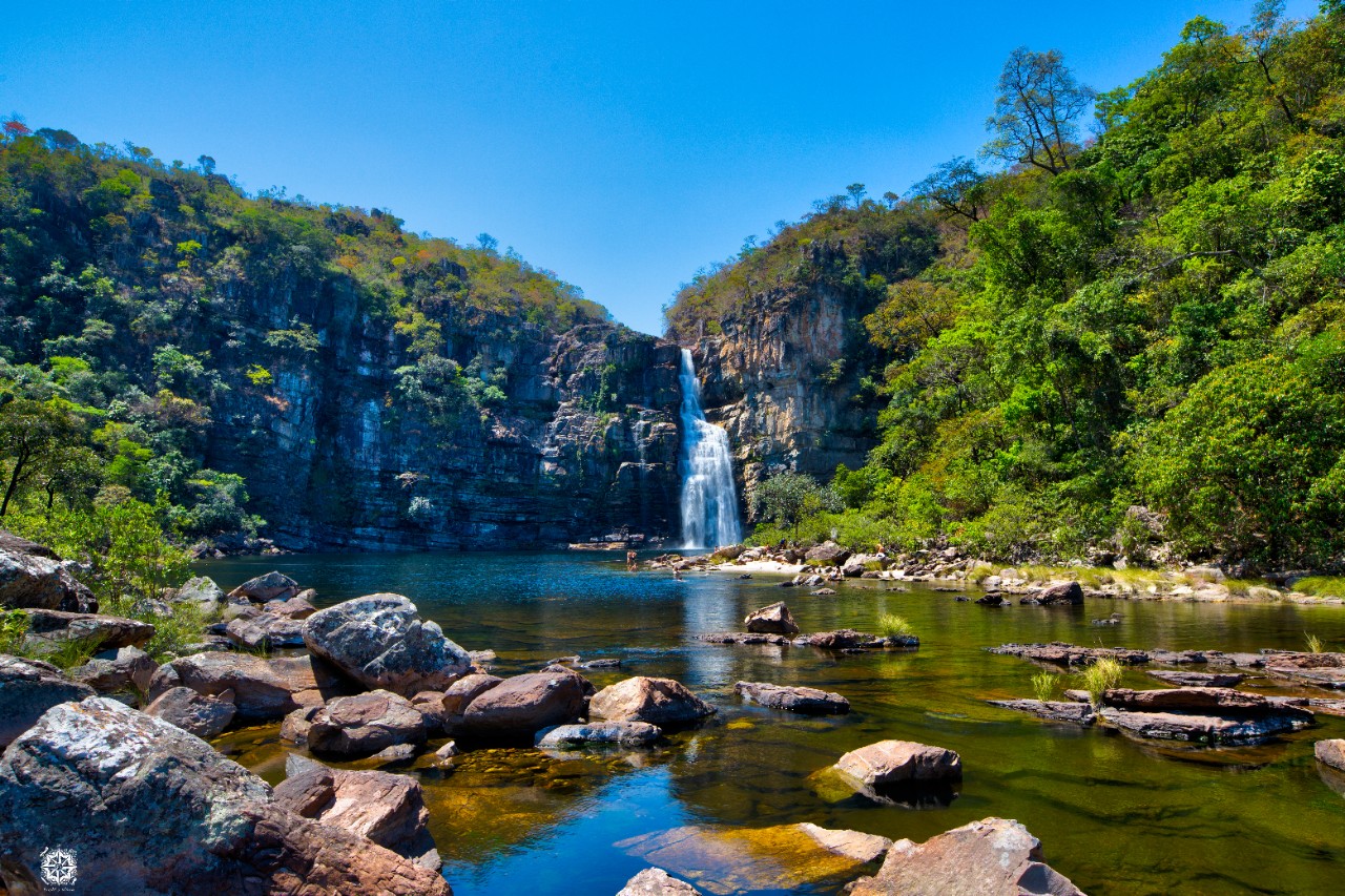 A waterfall at the National Parque Chapada dos Veadeiros in Alto Paraíso, Goiás, Brazil.